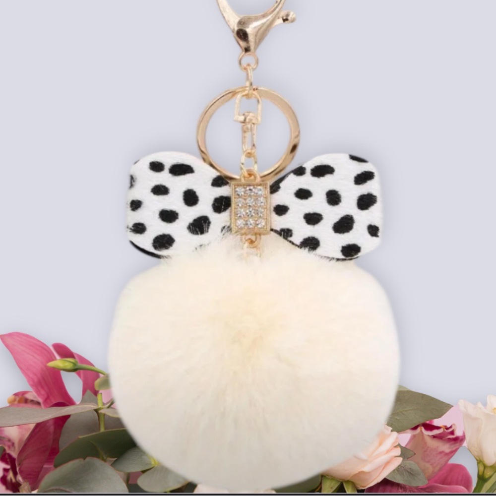 Elegant White Pom Pom Keychain with Polka Dot Bow